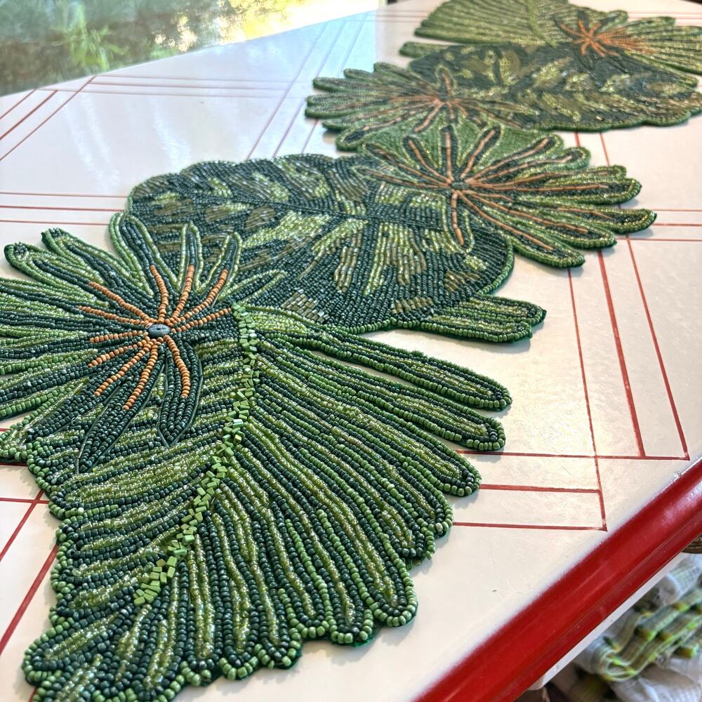 Beaded Tropical Leaf Table Runner Green Monstera Palm Made in India